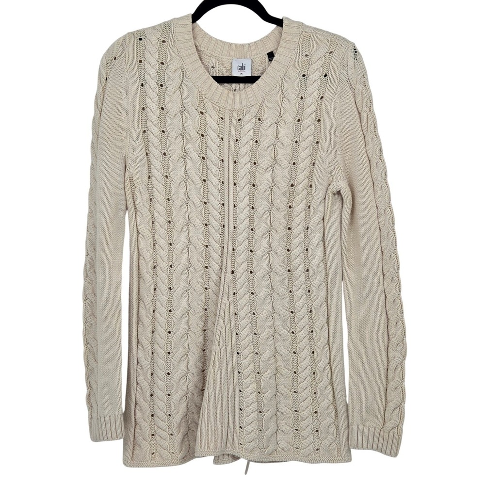 Cabi Women Medium Cable Knit Lace Up Back Sweater Cream Long Sleeve Cozy